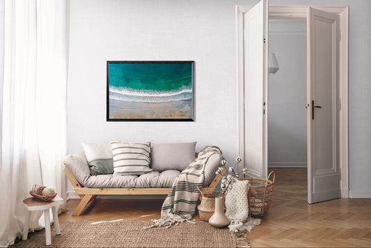 Serenity in Sámara – Aerial Beach Wall Art Print | Golden Sand & Turquoise Sea