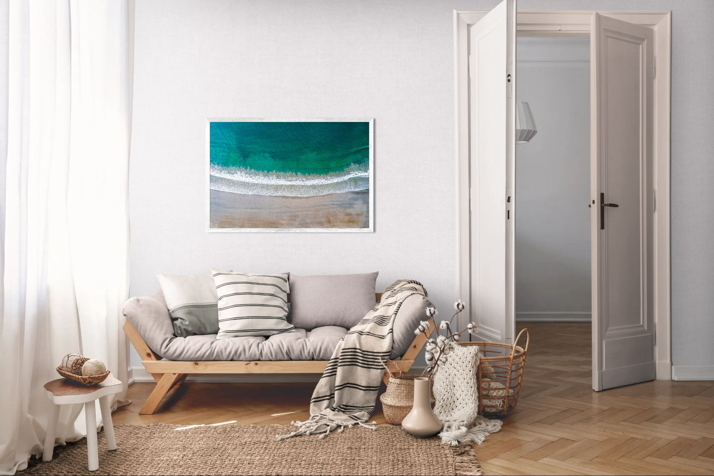 Serenity in Sámara – Aerial Beach Wall Art Print | Golden Sand & Turquoise Sea