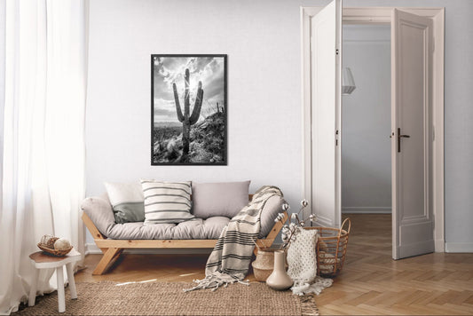 Sunlit Form – Black and White Saguaro Print | Cactus, Rocky Ridge & Desert Sunburst