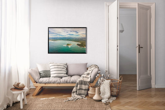 Tidal Whispers of Isla Chora - Aerial Samara Bay Wall Art Print | Blue Sea & Green Hills