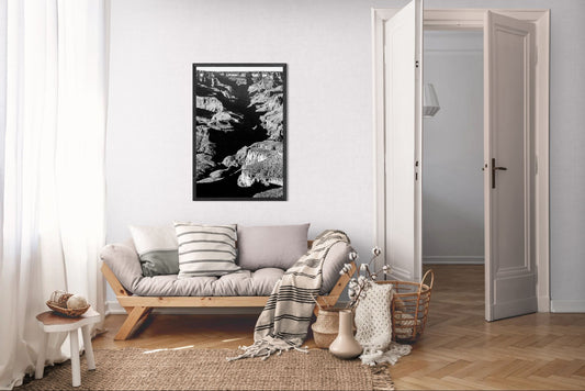 Vein of Shadow – Black and White Grand Canyon Vertical Print | High Contrast Canyon Light