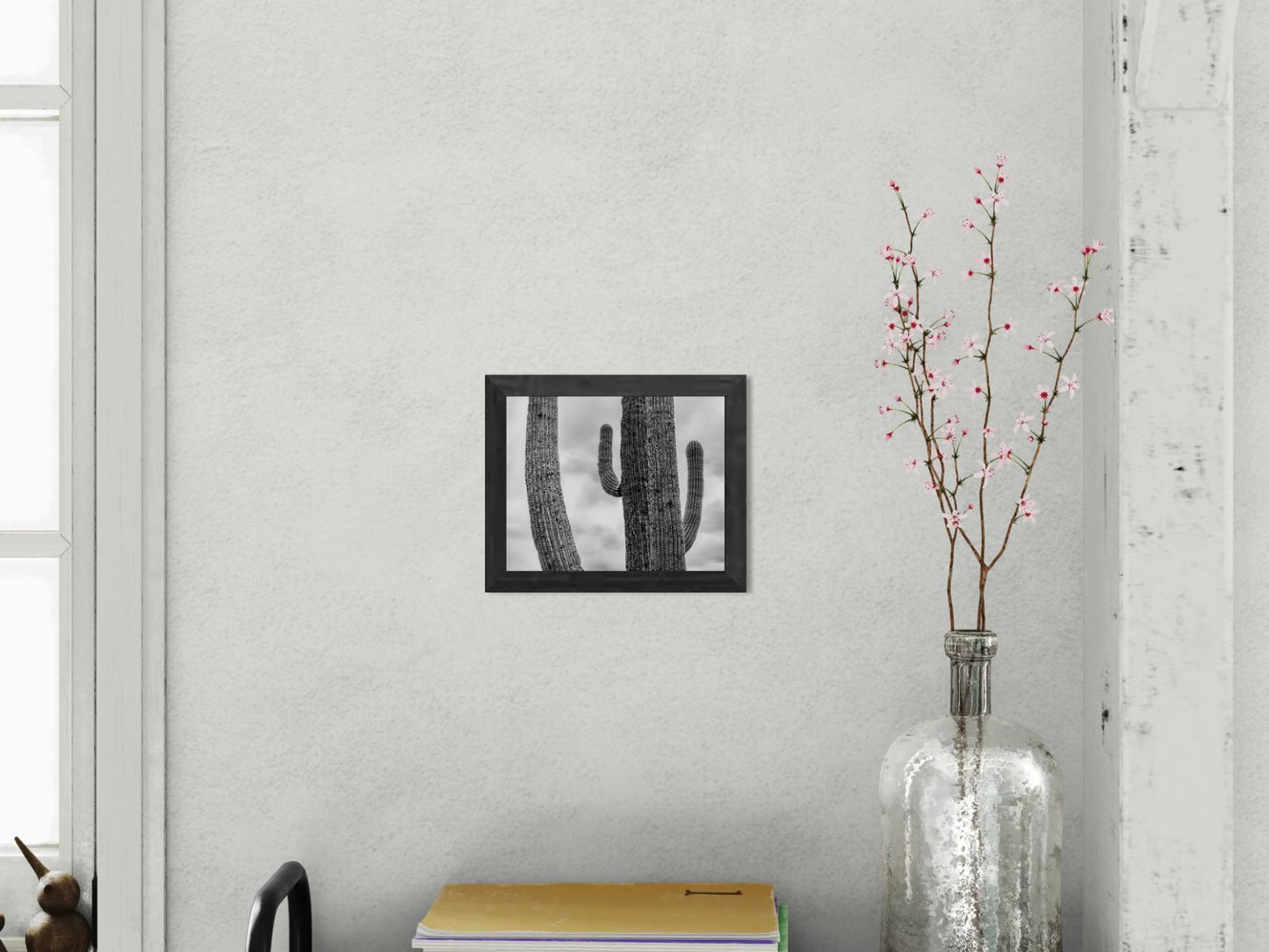 Weathered Lines - Black and White Saguaro Cactus Print | Textured Arms & Desert Sky