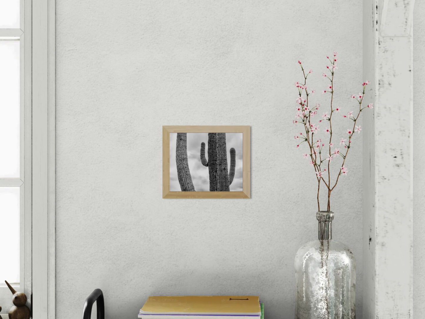 Weathered Lines - Black and White Saguaro Cactus Print | Textured Arms & Desert Sky