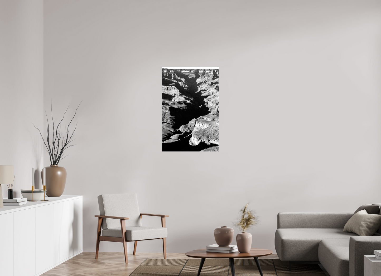 Vein of Shadow – Black and White Grand Canyon Vertical Print | High Contrast Canyon Light