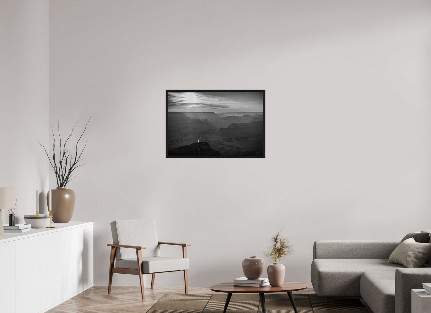 Lightfall - Black and White Grand Canyon Landscape Print | Sunbeams, Canyon Layers & Colorado River