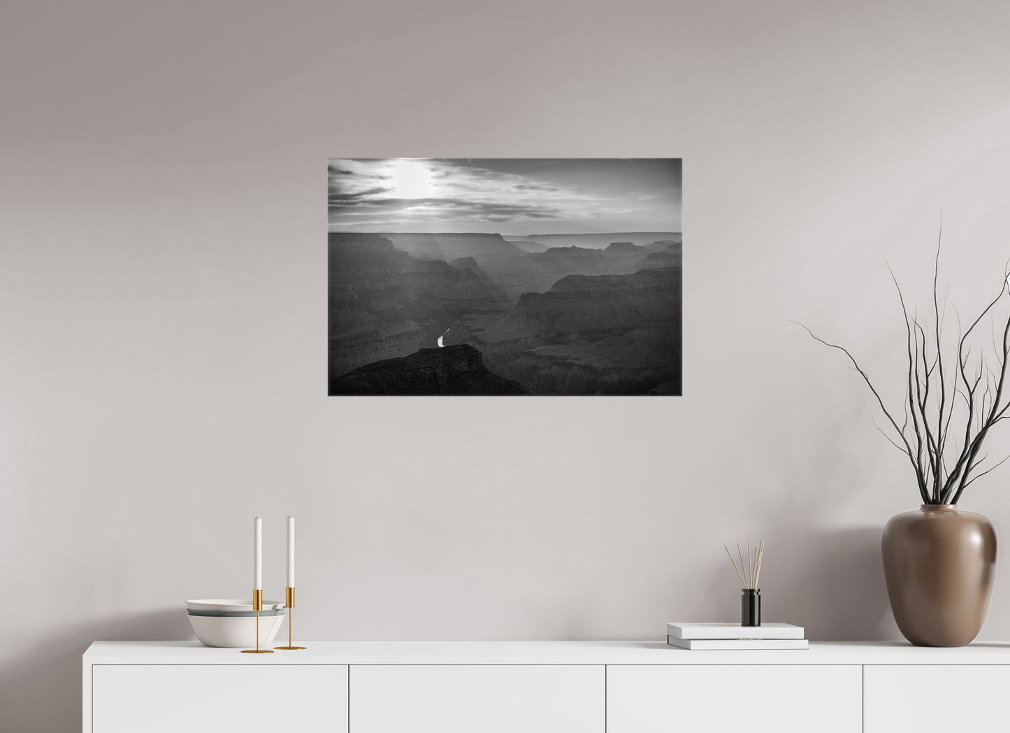 Lightfall - Black and White Grand Canyon Landscape Print | Sunbeams, Canyon Layers & Colorado River