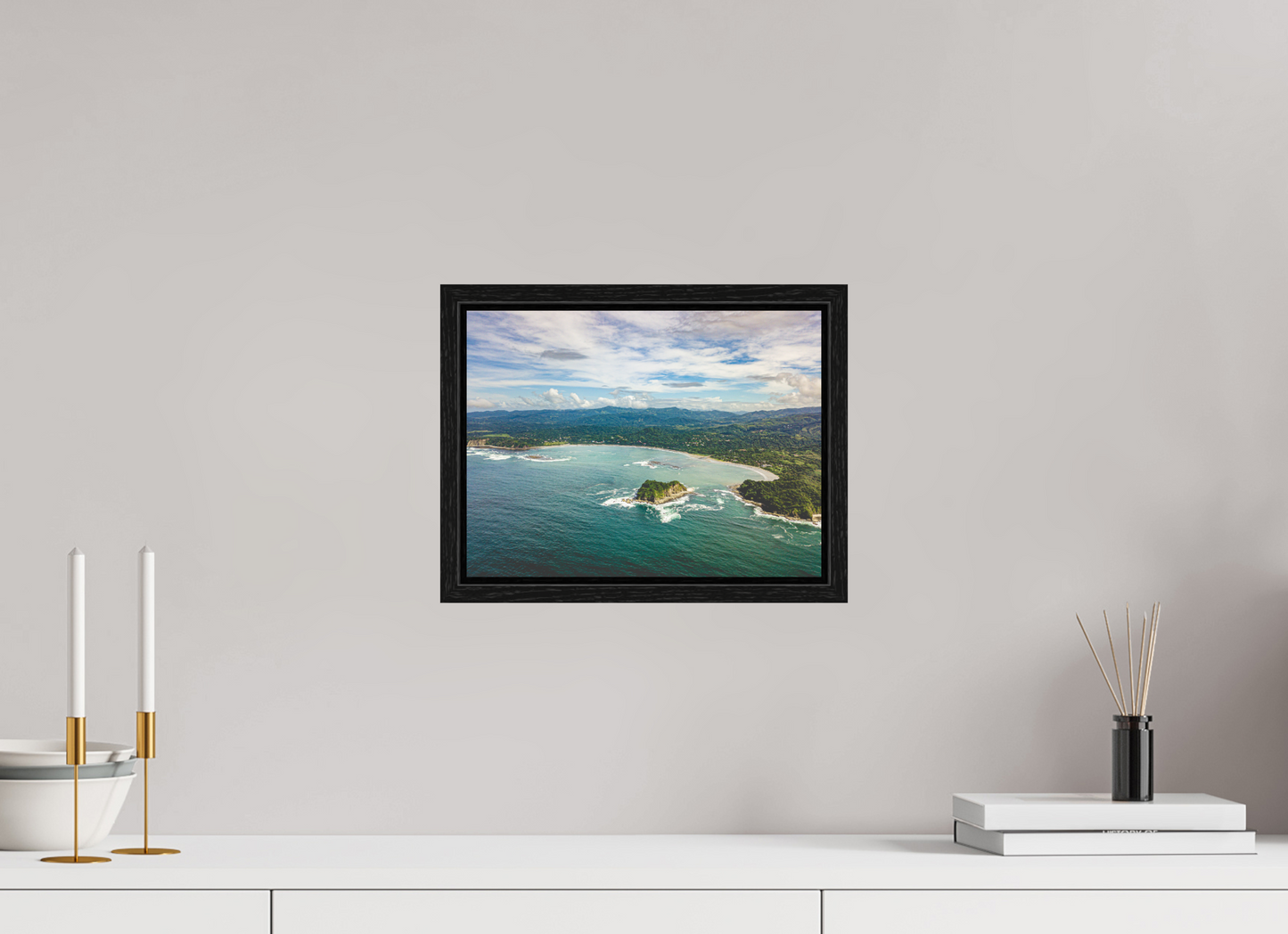 Tidal Whispers of Isla Chora - Aerial Samara Bay Wall Art Print | Blue Sea & Green Hills