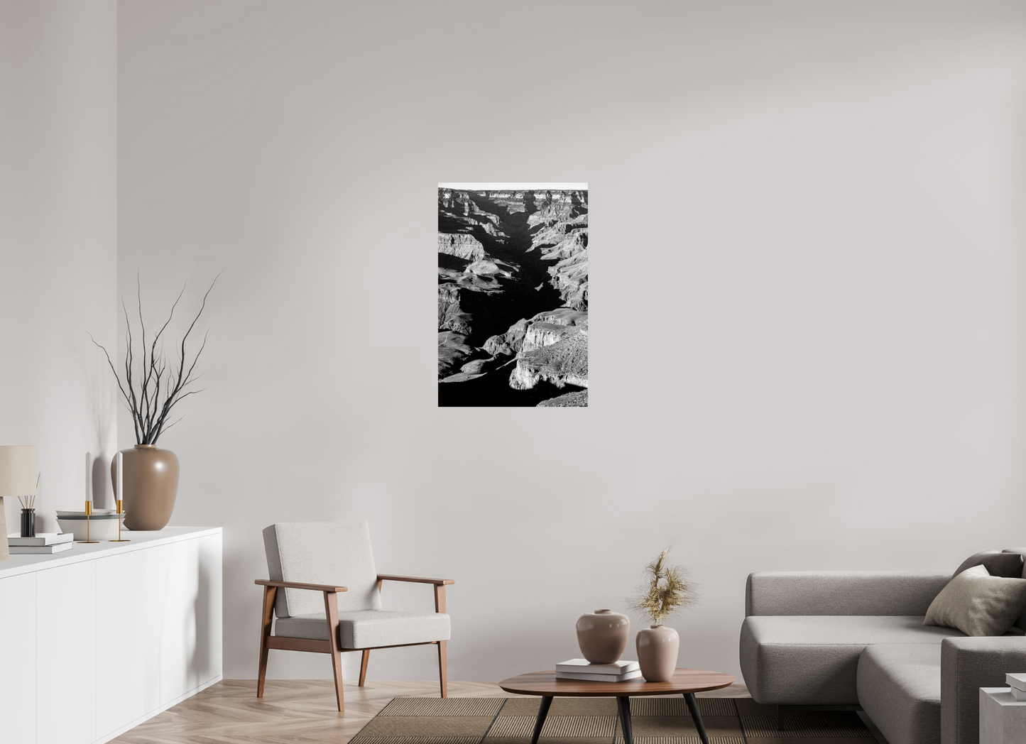 Vein of Shadow – Black and White Grand Canyon Vertical Print | High Contrast Canyon Light