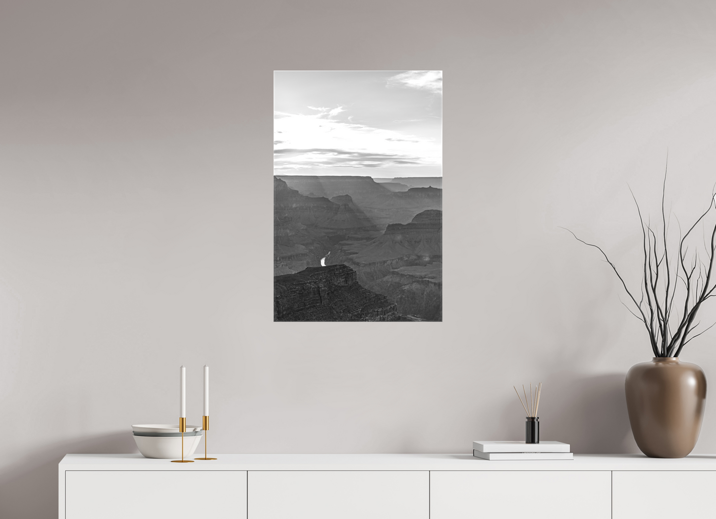 Riverlight - Black and White Grand Canyon Vertical Print | Sunbeams, Canyon Detail & Reflective River