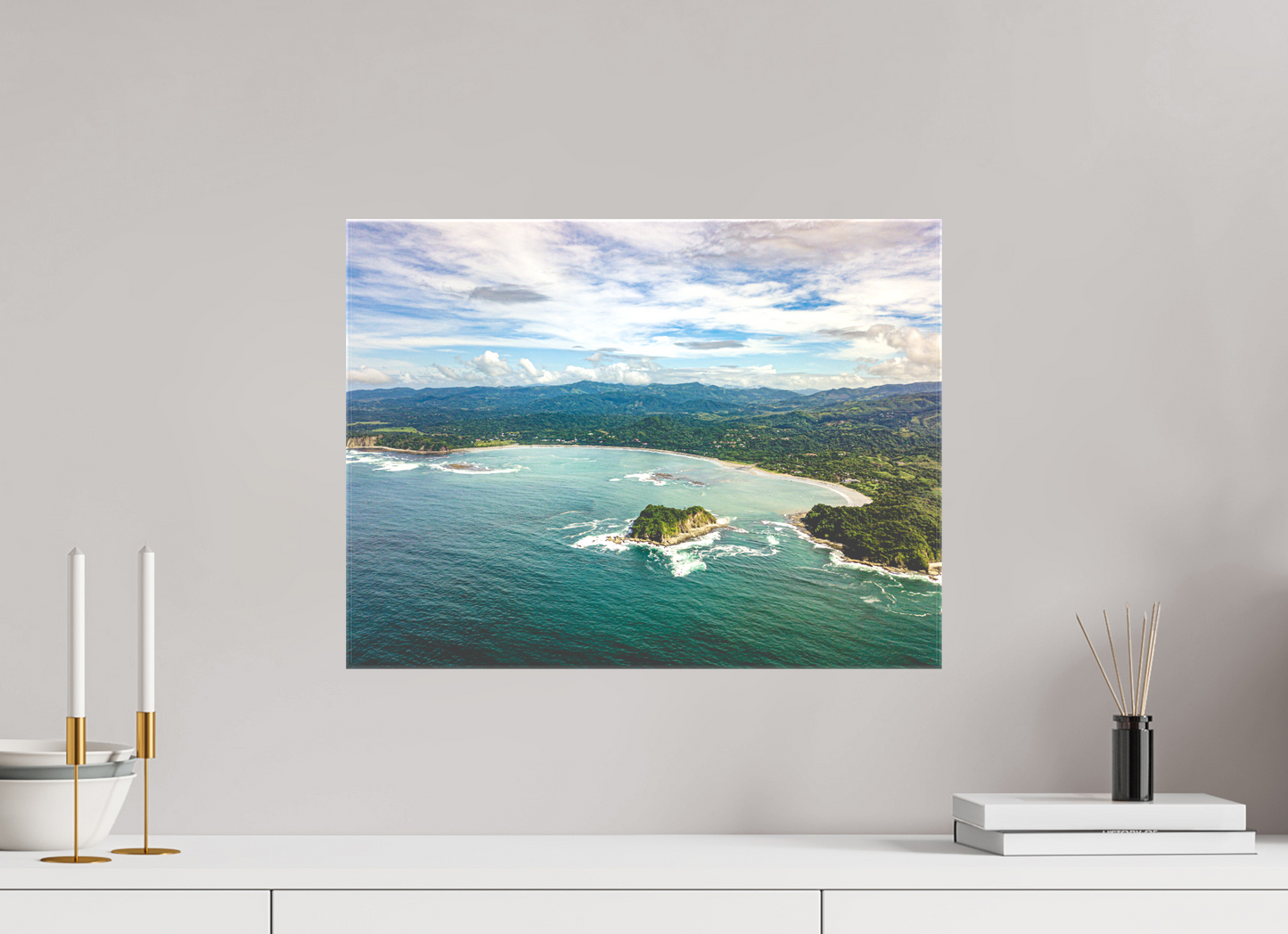 Tidal Whispers of Isla Chora - Aerial Samara Bay Wall Art Print | Blue Sea & Green Hills