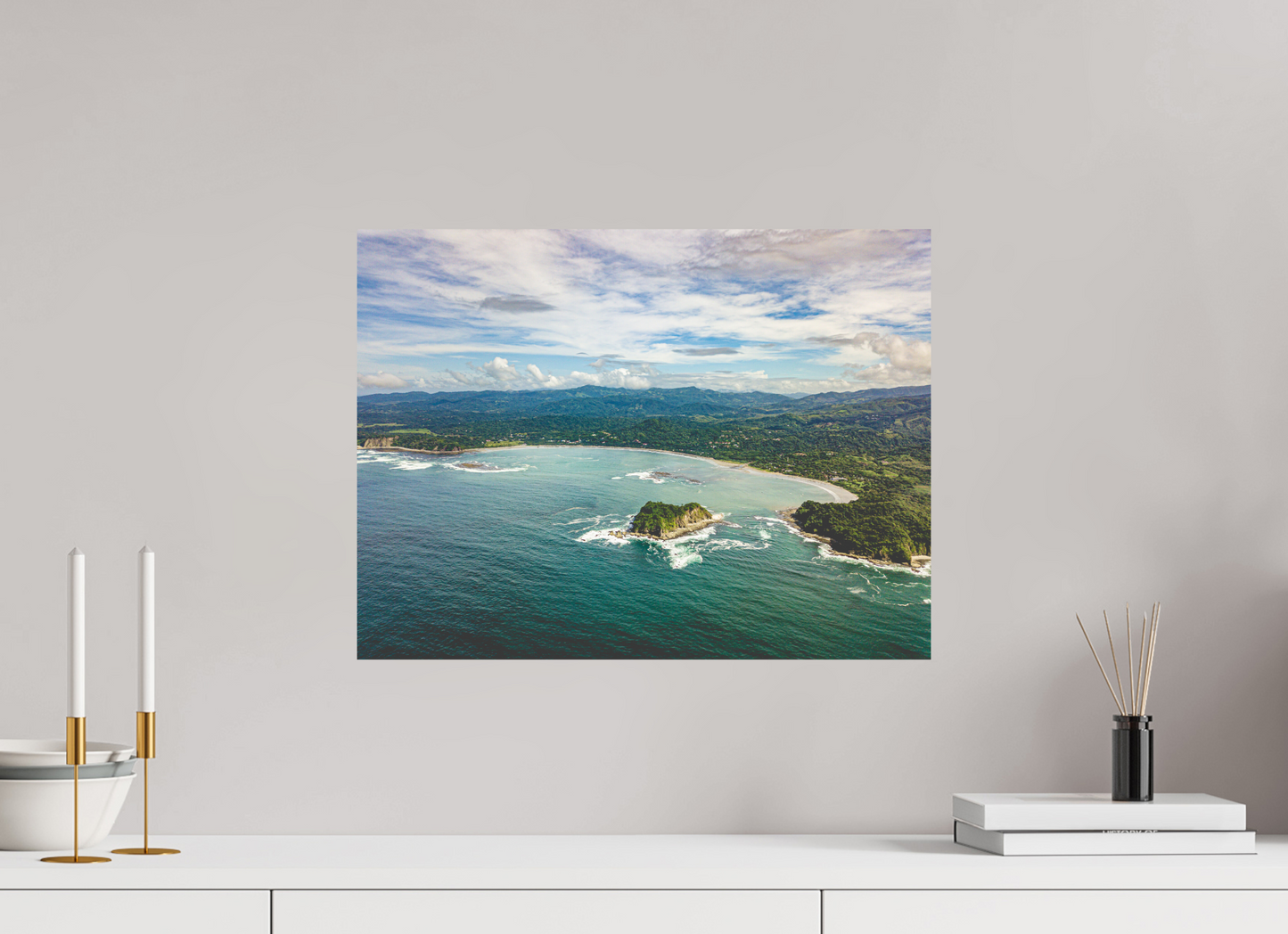 Tidal Whispers of Isla Chora - Aerial Samara Bay Wall Art Print | Blue Sea & Green Hills
