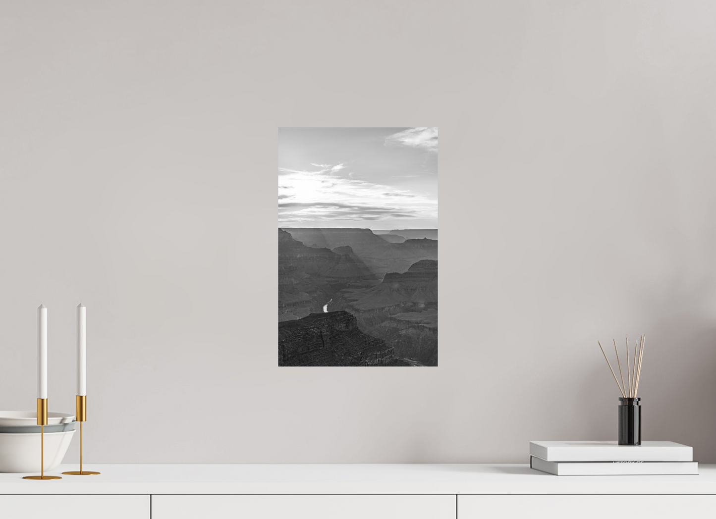Riverlight - Black and White Grand Canyon Vertical Print | Sunbeams, Canyon Detail & Reflective River
