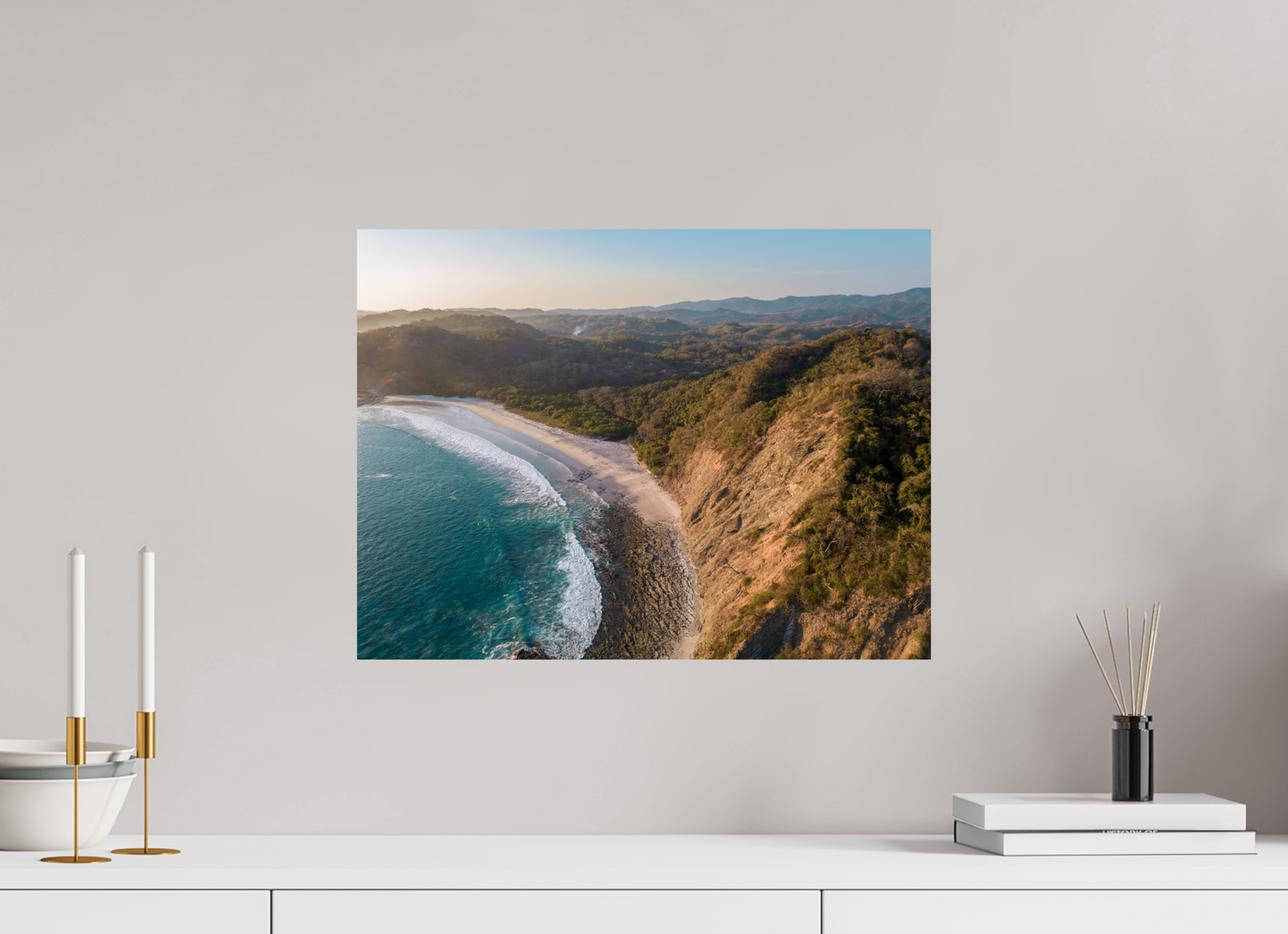 Pale Gold Barrigona Aerial Sunset Print | White Sand Beach & Blue Sea on the Nicoya Peninsula