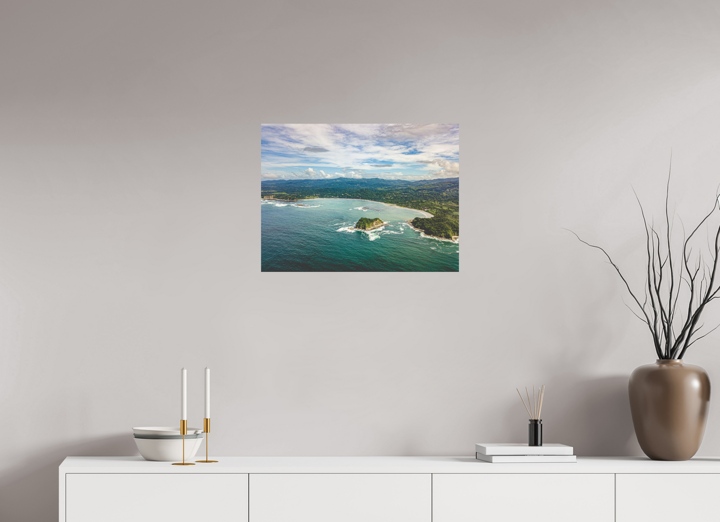 Tidal Whispers of Isla Chora - Aerial Samara Bay Wall Art Print | Blue Sea & Green Hills