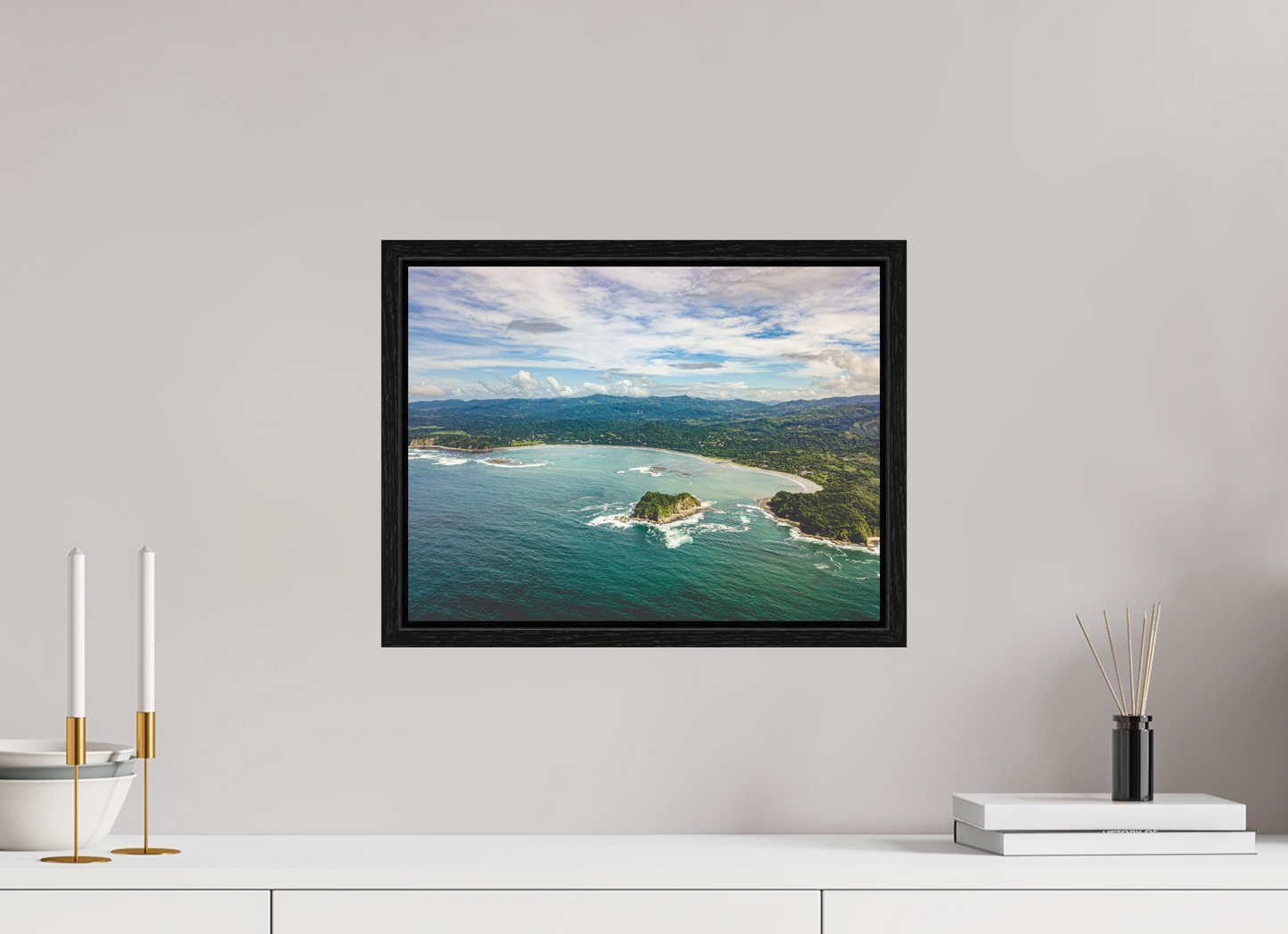 Tidal Whispers of Isla Chora - Aerial Samara Bay Wall Art Print | Blue Sea & Green Hills