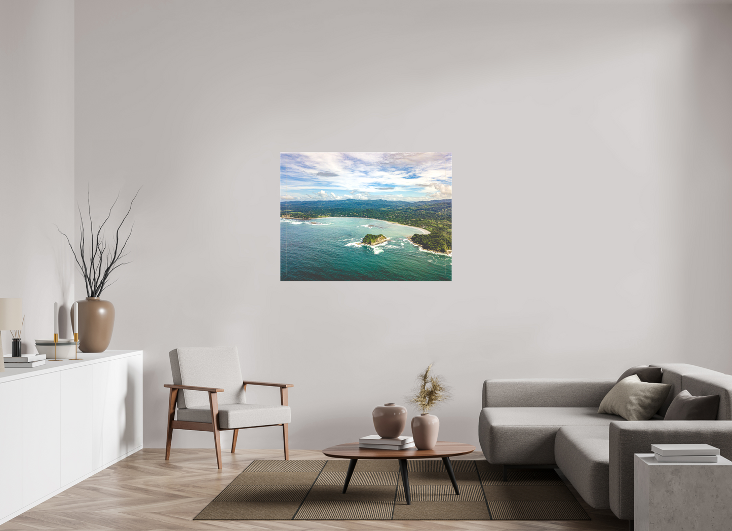 Tidal Whispers of Isla Chora - Aerial Samara Bay Wall Art Print | Blue Sea & Green Hills