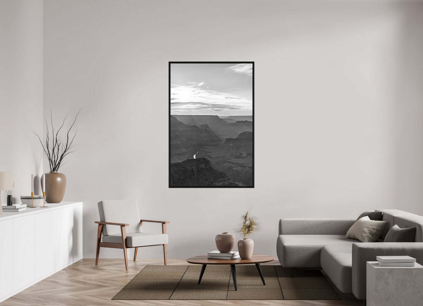 Riverlight - Black and White Grand Canyon Vertical Print | Sunbeams, Canyon Detail & Reflective River