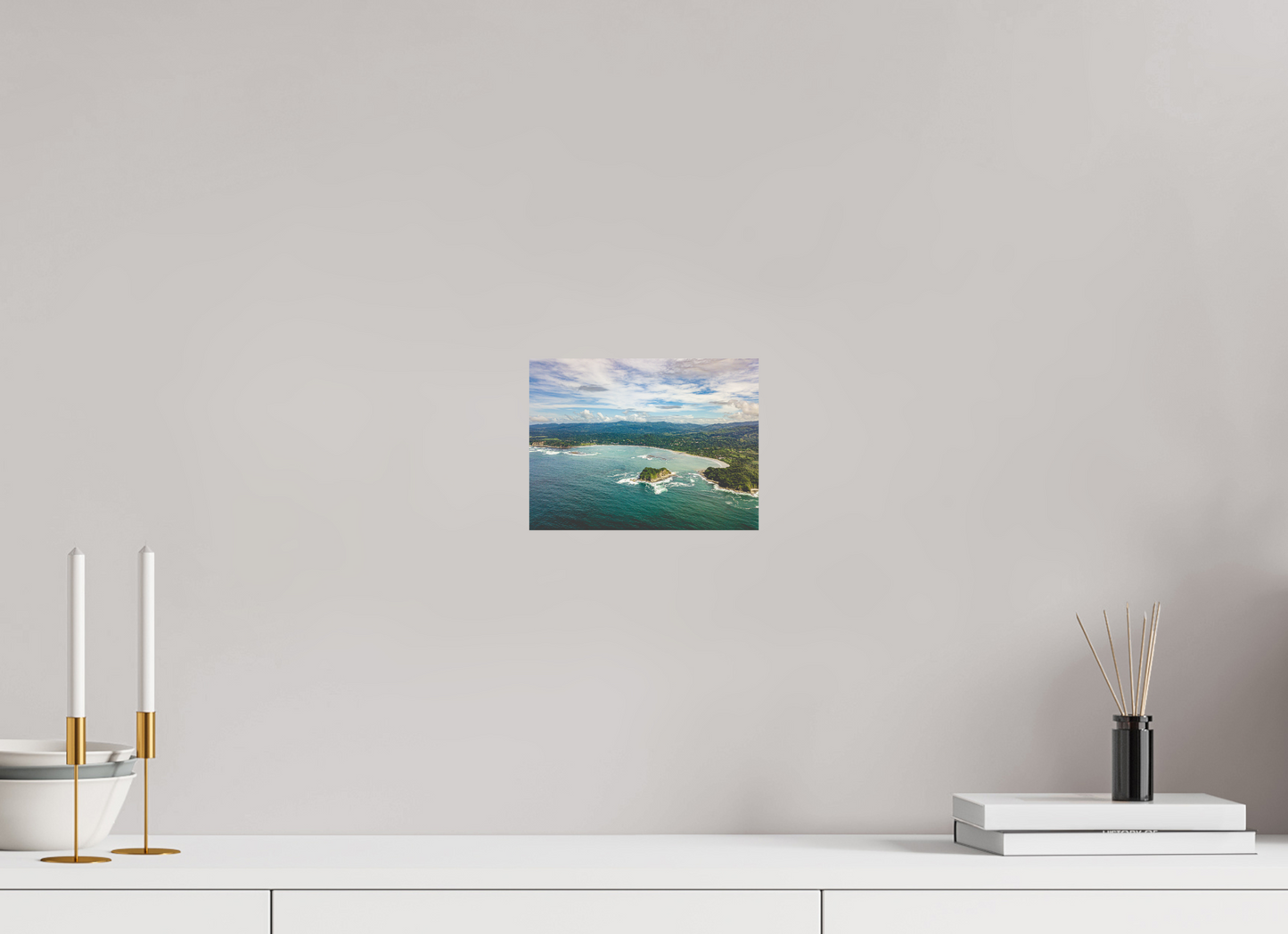Tidal Whispers of Isla Chora - Aerial Samara Bay Wall Art Print | Blue Sea & Green Hills