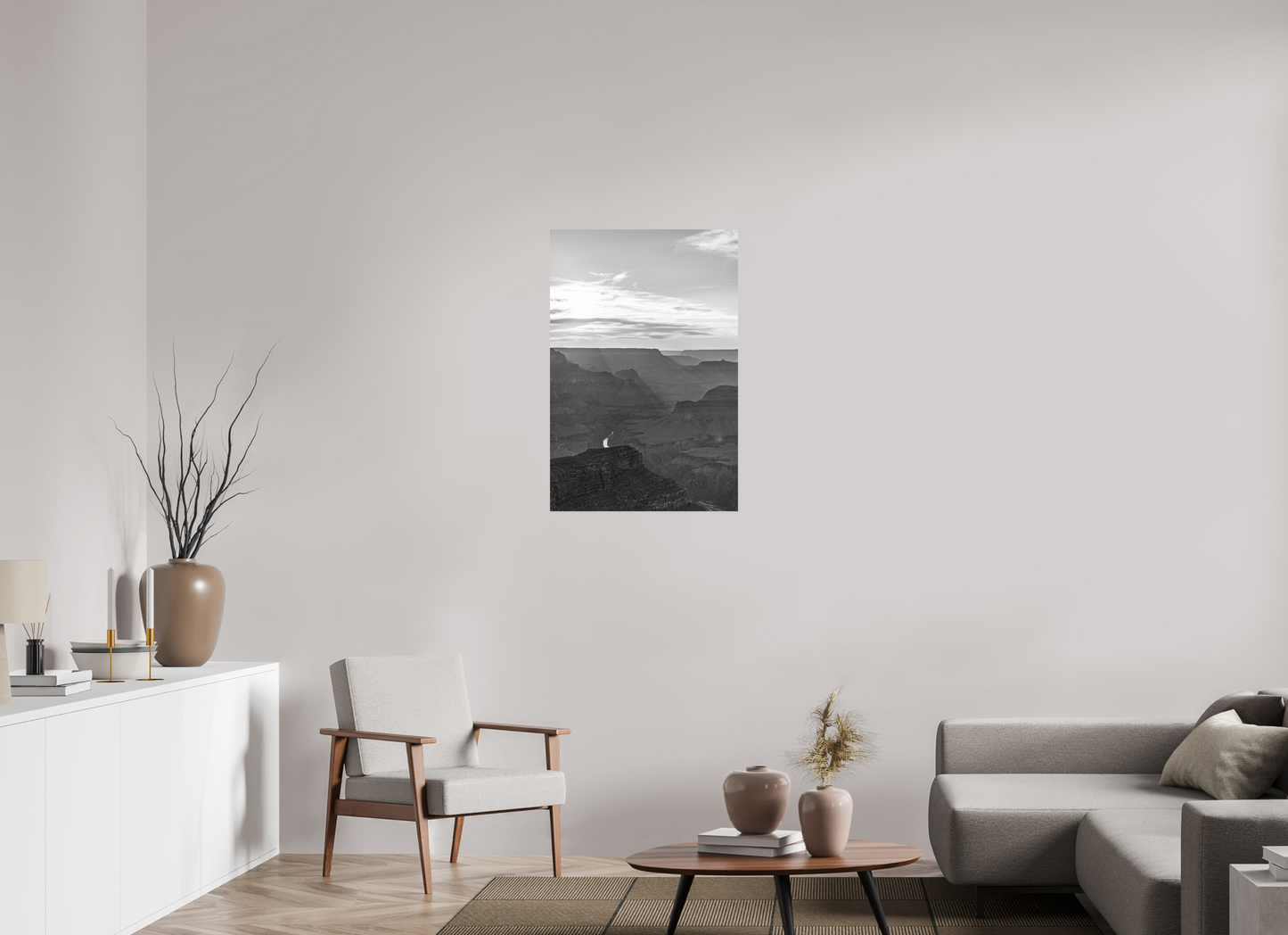 Riverlight - Black and White Grand Canyon Vertical Print | Sunbeams, Canyon Detail & Reflective River