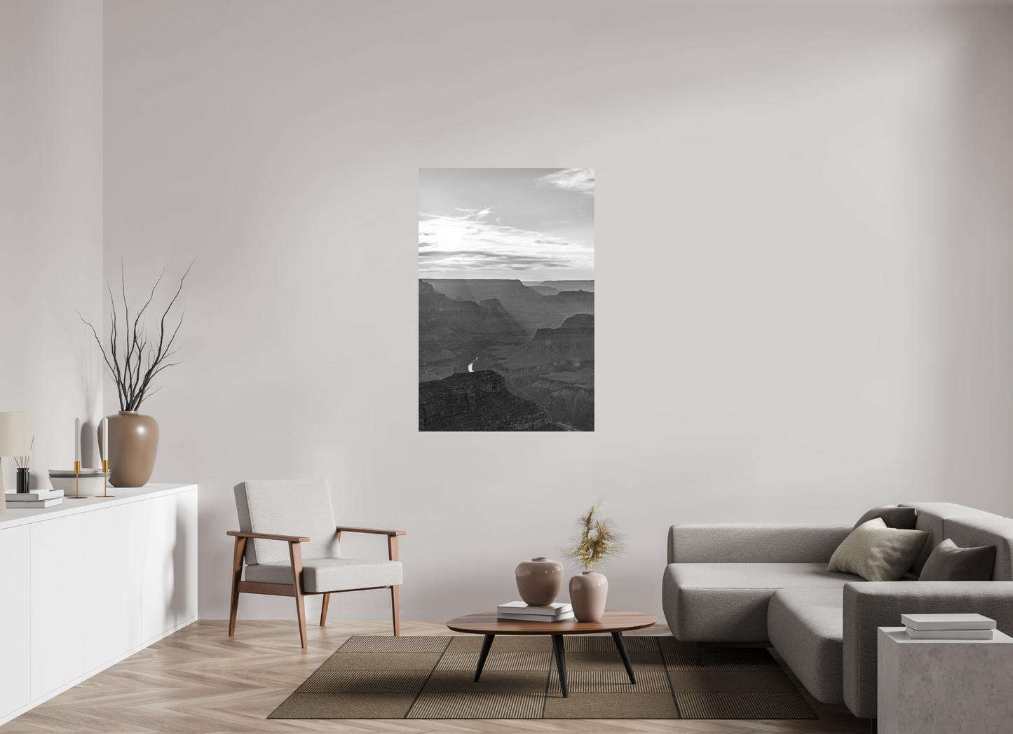 Riverlight - Black and White Grand Canyon Vertical Print | Sunbeams, Canyon Detail & Reflective River
