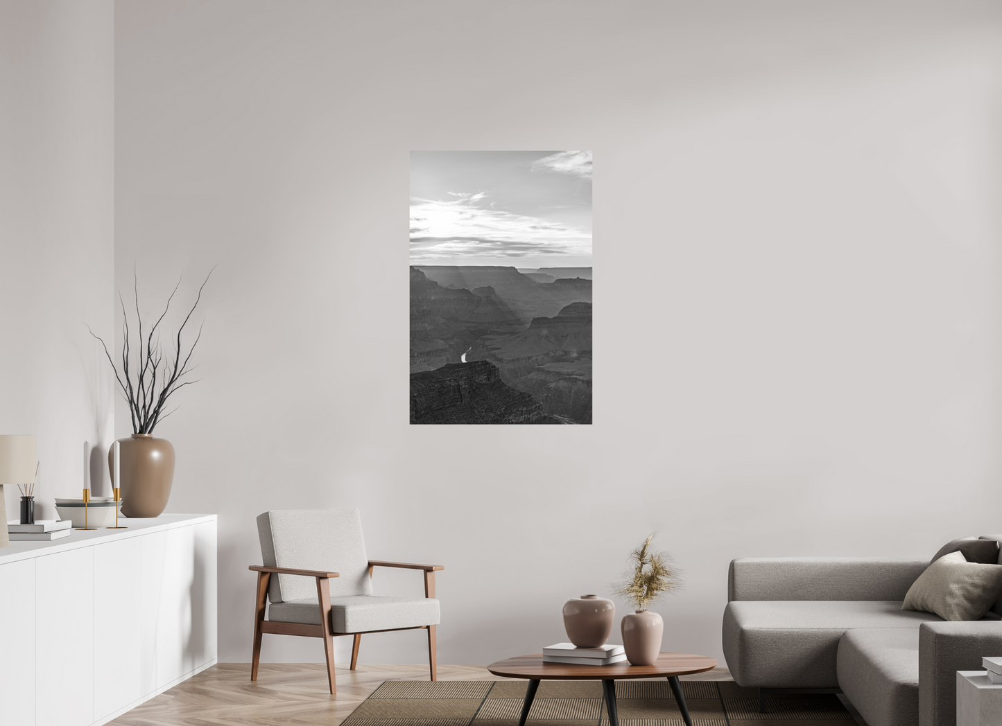 Riverlight - Black and White Grand Canyon Vertical Print | Sunbeams, Canyon Detail & Reflective River