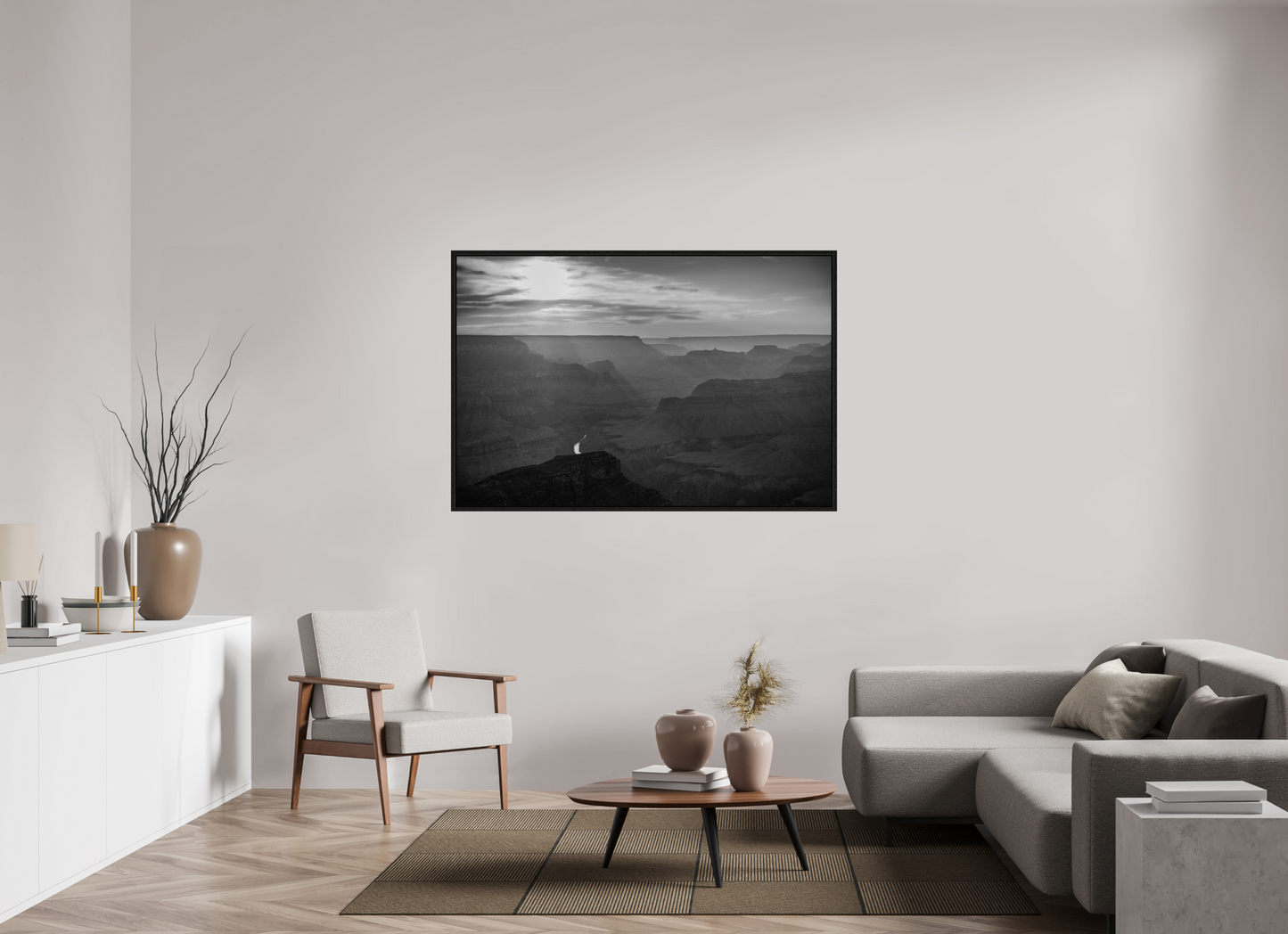 Lightfall - Black and White Grand Canyon Landscape Print | Sunbeams, Canyon Layers & Colorado River