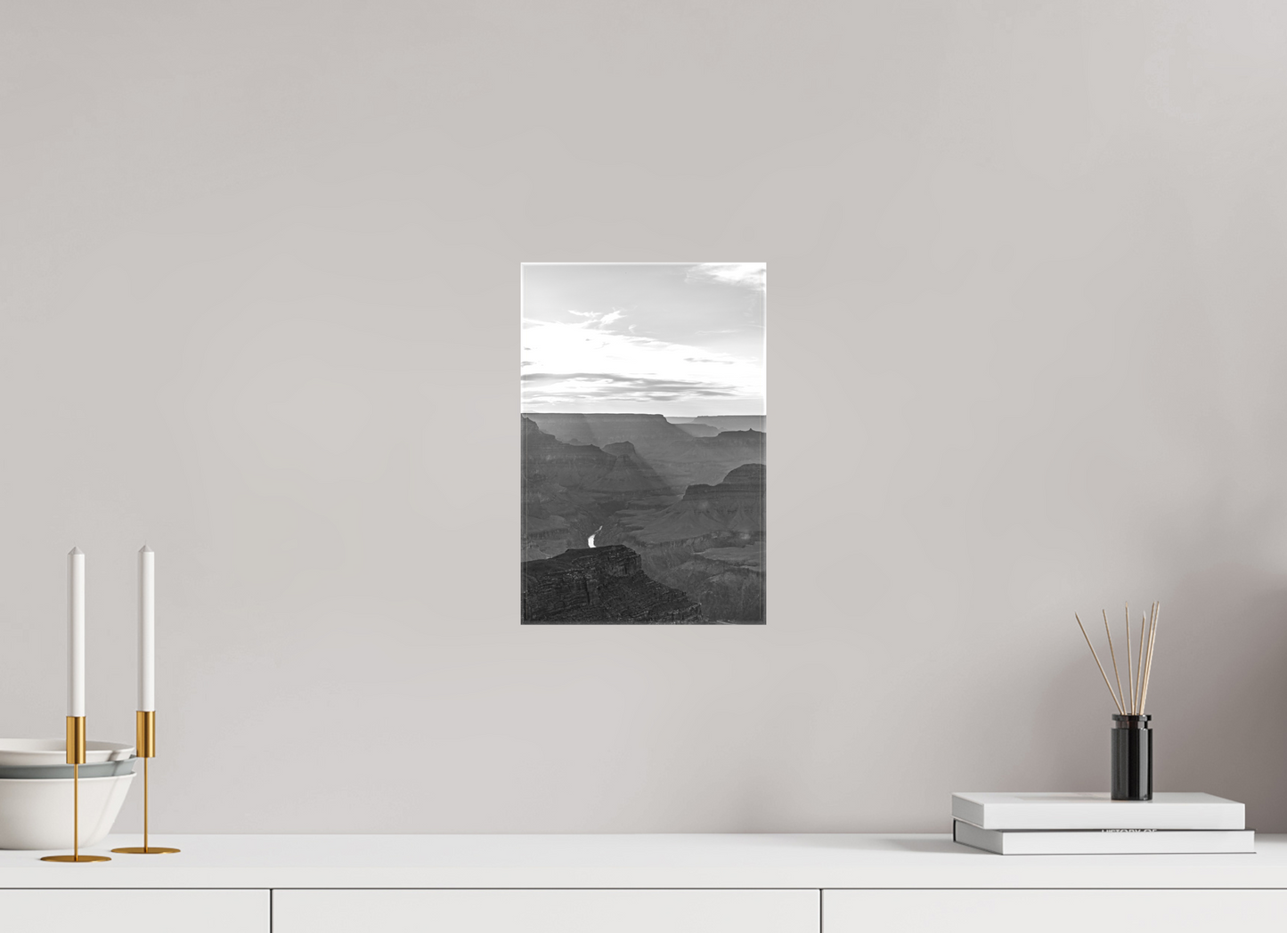 Riverlight - Black and White Grand Canyon Vertical Print | Sunbeams, Canyon Detail & Reflective River