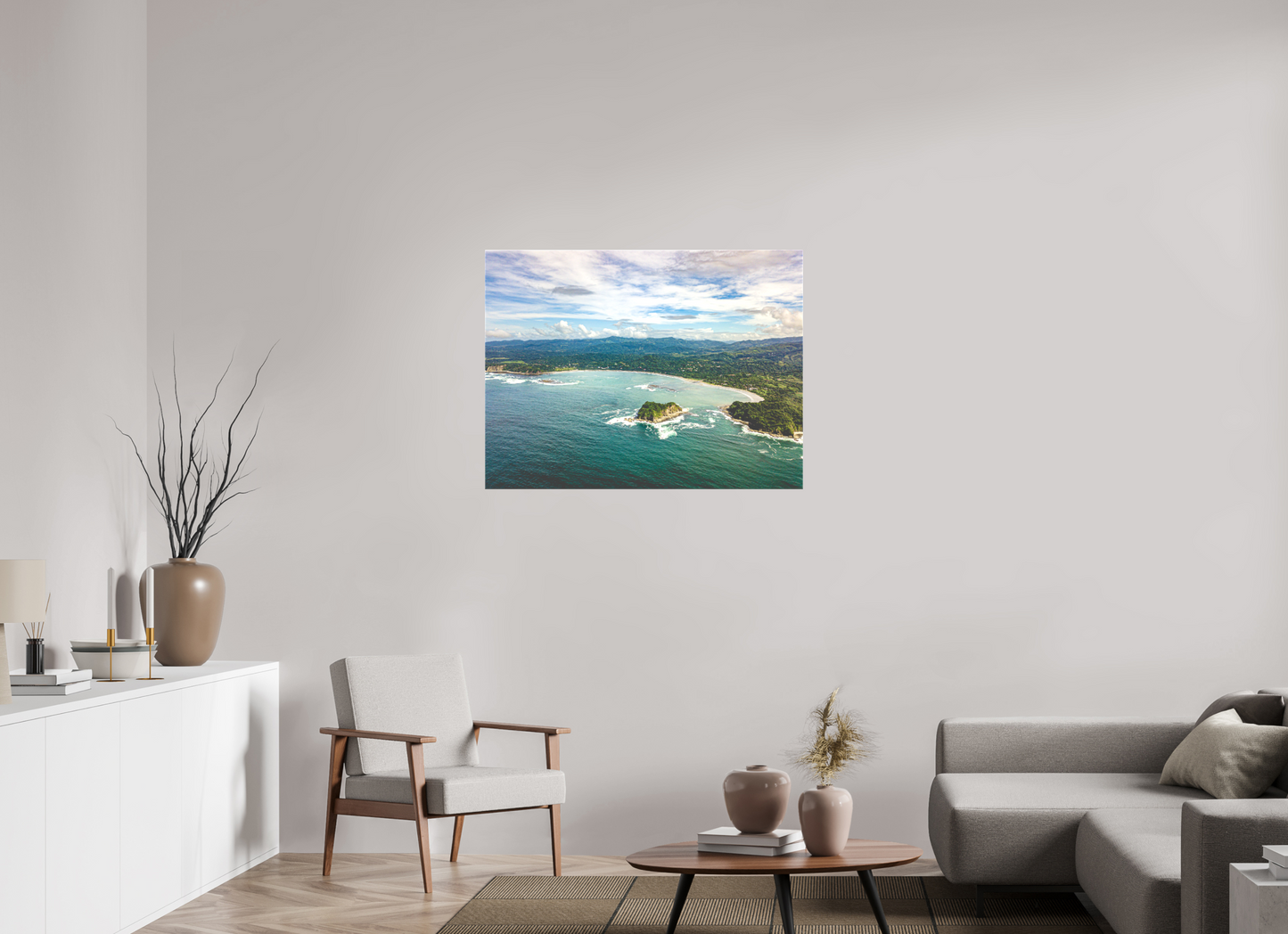 Tidal Whispers of Isla Chora - Aerial Samara Bay Wall Art Print | Blue Sea & Green Hills