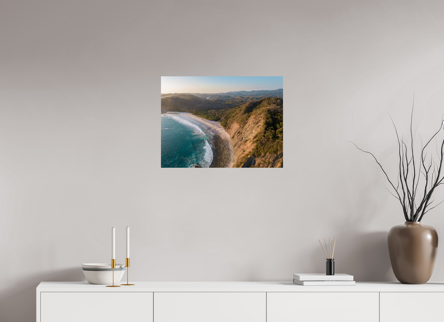 Pale Gold Barrigona Aerial Sunset Print | White Sand Beach & Blue Sea on the Nicoya Peninsula
