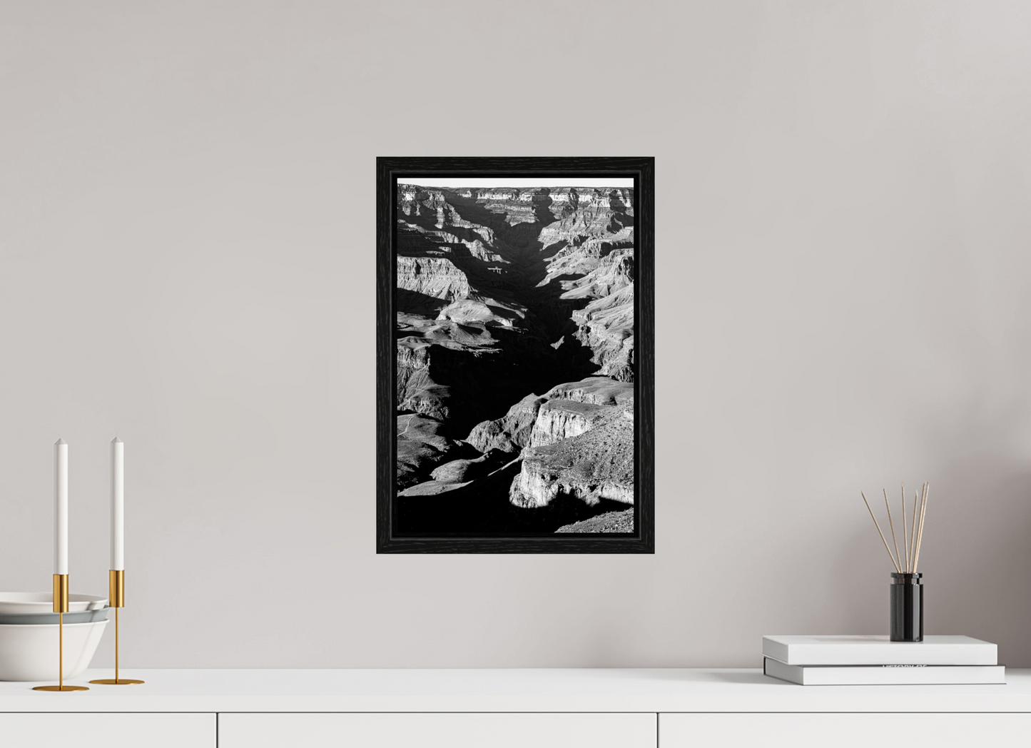 Vein of Shadow – Black and White Grand Canyon Vertical Print | High Contrast Canyon Light