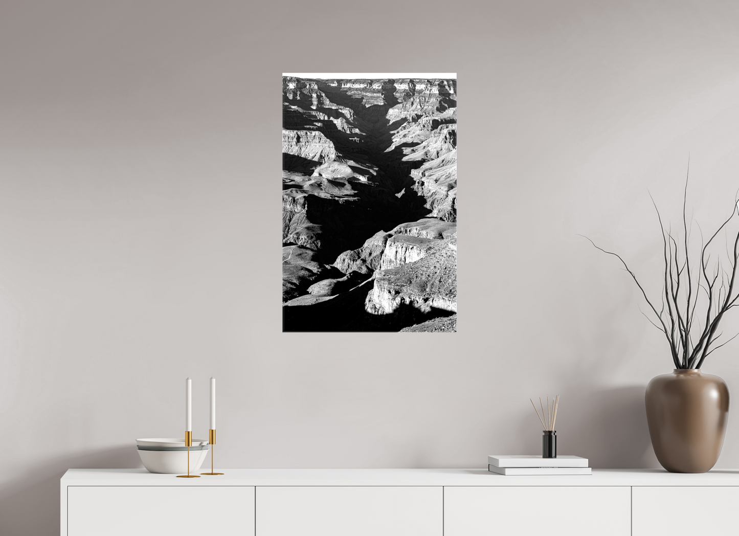 Vein of Shadow – Black and White Grand Canyon Vertical Print | High Contrast Canyon Light