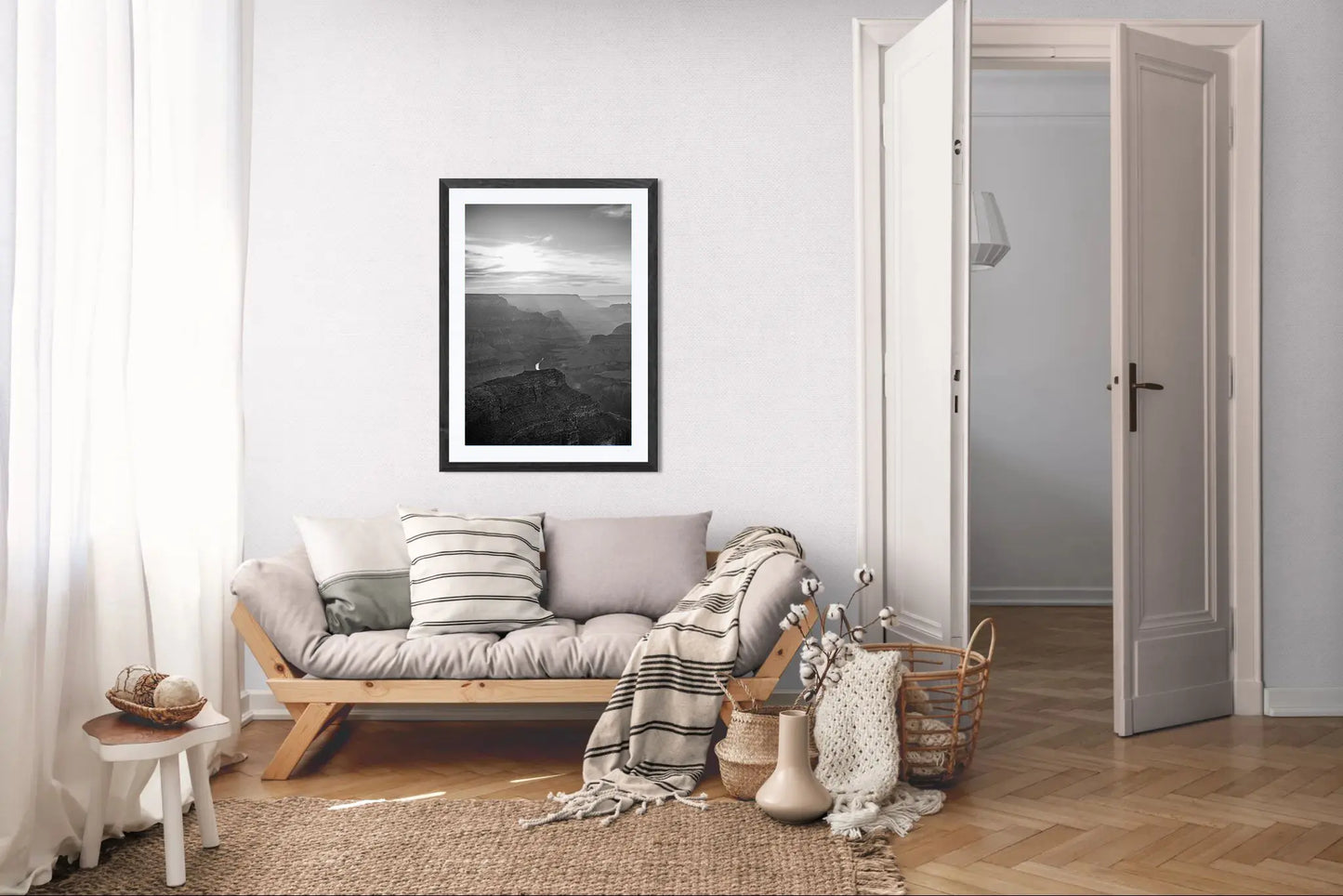 Riverlight - Black and White Grand Canyon Vertical Print | Sunbeams, Canyon Detail & Reflective River