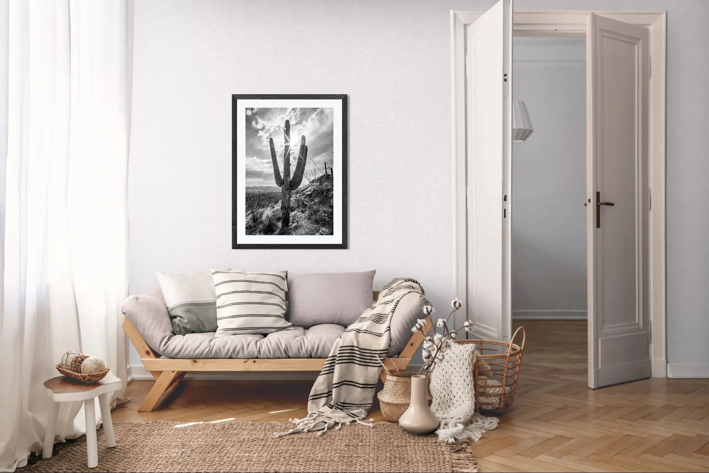 Sunlit Form – Black and White Saguaro Print | Cactus, Rocky Ridge & Desert Sunburst