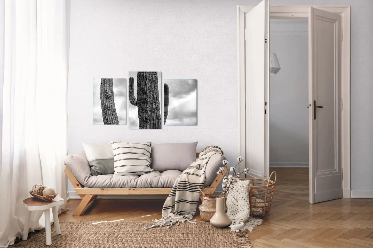 Weathered Lines - Black and White Saguaro Cactus Print | Textured Arms & Desert Sky