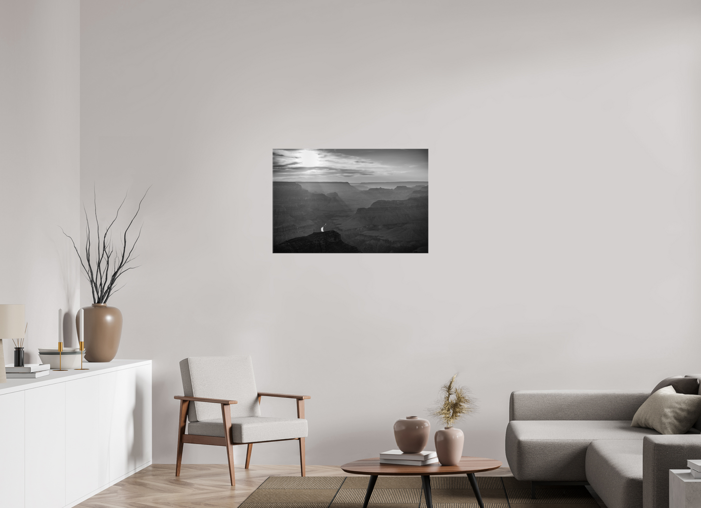 Lightfall - Black and White Grand Canyon Landscape Print | Sunbeams, Canyon Layers & Colorado River