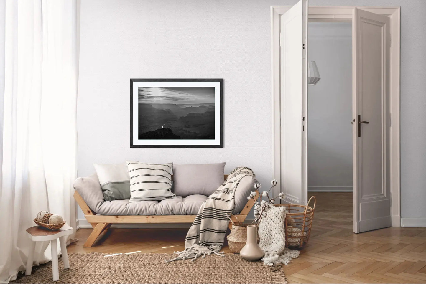 Lightfall - Black and White Grand Canyon Landscape Print | Sunbeams, Canyon Layers & Colorado River