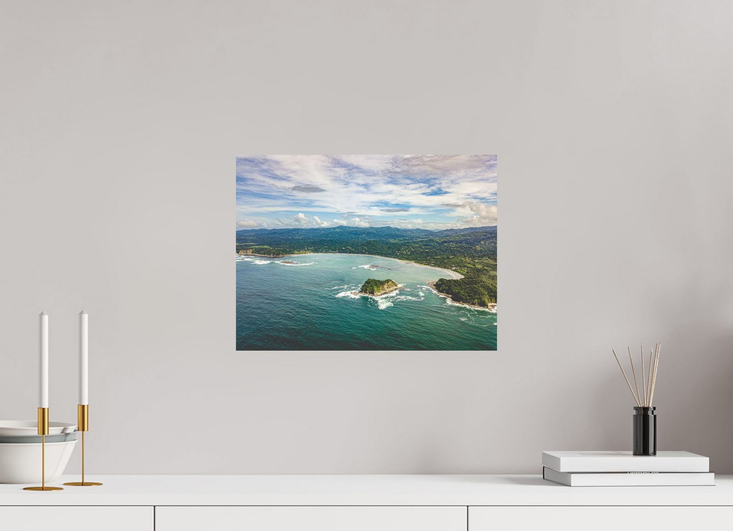 Tidal Whispers of Isla Chora - Aerial Samara Bay Wall Art Print | Blue Sea & Green Hills