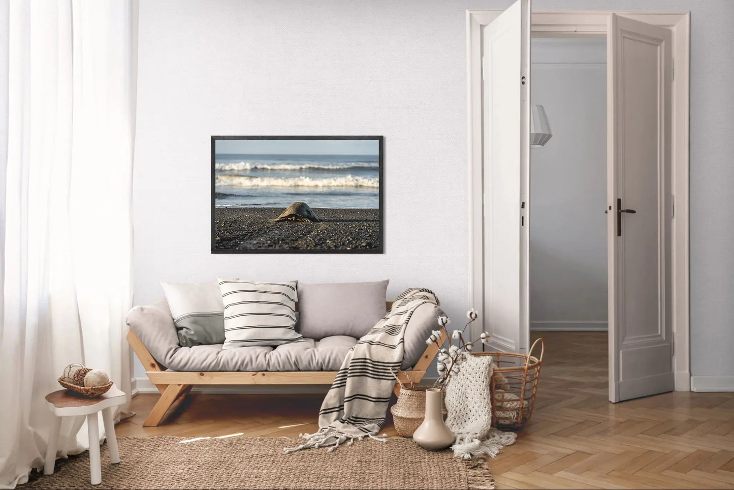 Into the Blue – Olive Ridley Turtle on the Black Sand | Costa Rica Photo Print