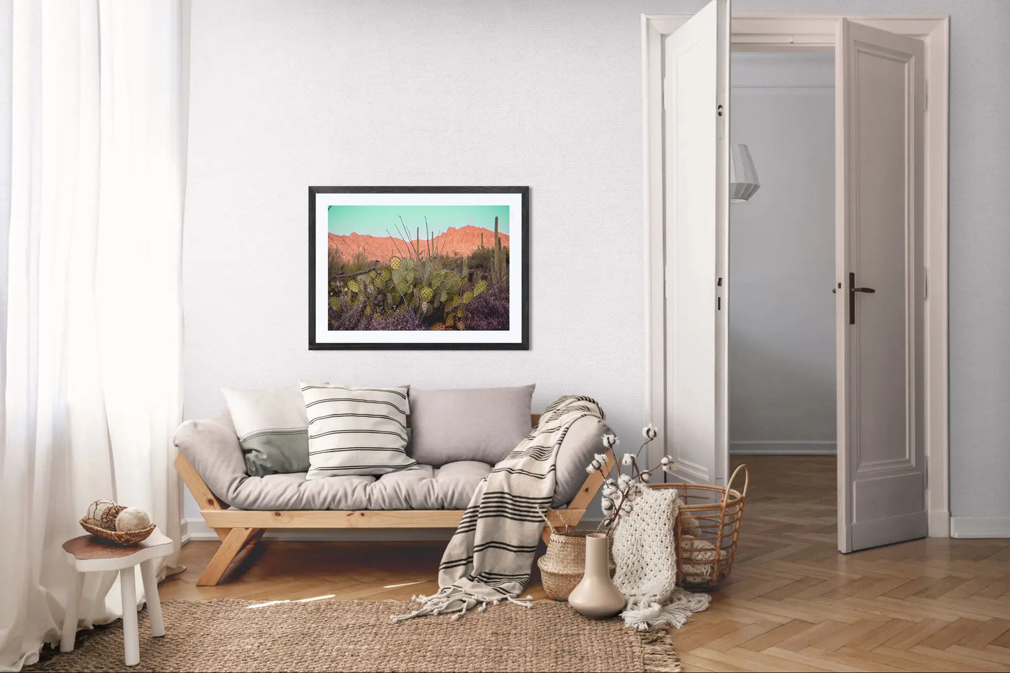 Desert Reverie – Tucson Mountains Sunset Print | Prickly Pear, Saguaros & Glowing Ridge