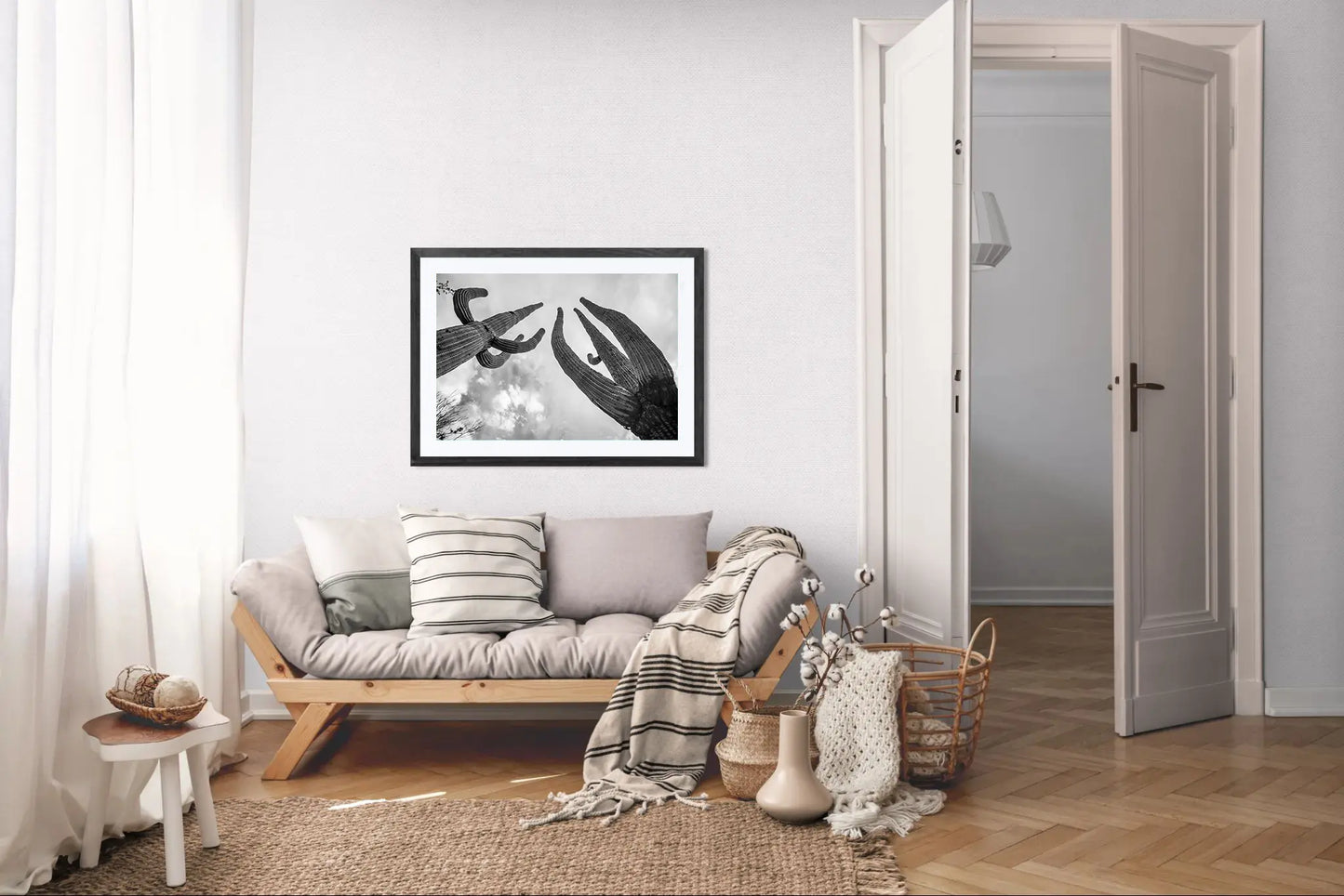 Giants Above – Black and White Saguaro Cactus Print | Arizona Desert Sky & Texture