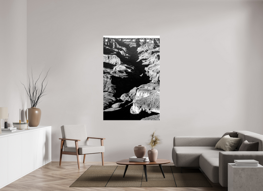 Vein of Shadow – Black and White Grand Canyon Vertical Print | High Contrast Canyon Light