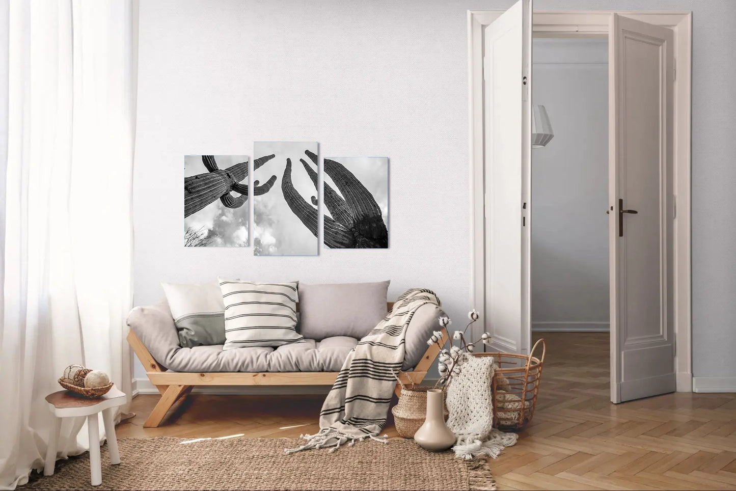 Giants Above – Black and White Saguaro Cactus Print | Arizona Desert Sky & Texture