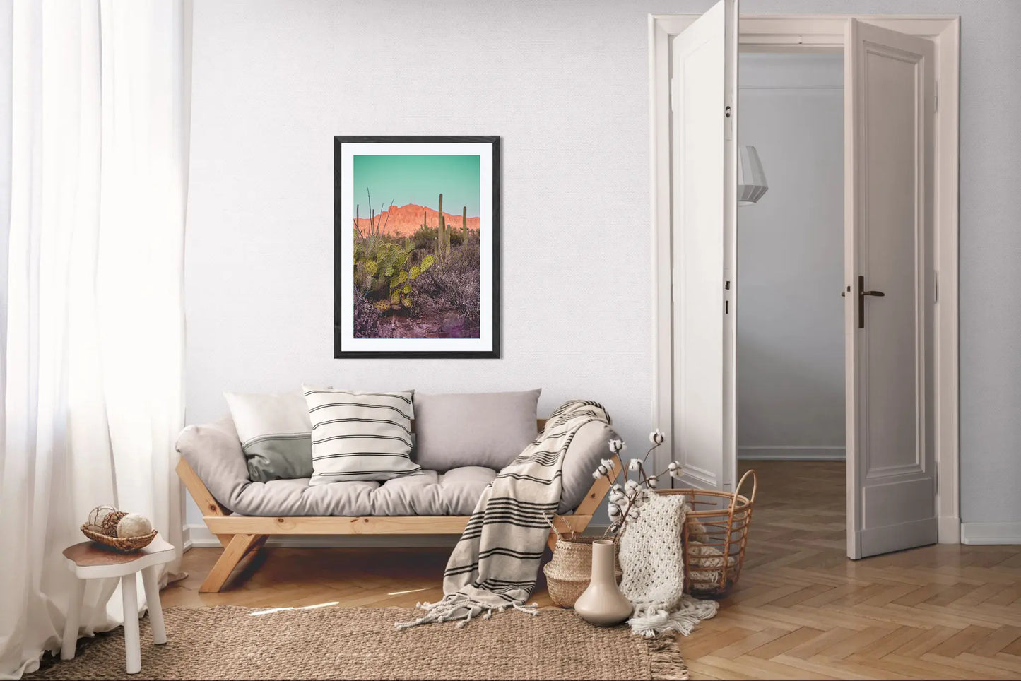 Desert Reverie – Tucson Mountains Sunset Print | Prickly Pear, Saguaros & Glowing Ridge