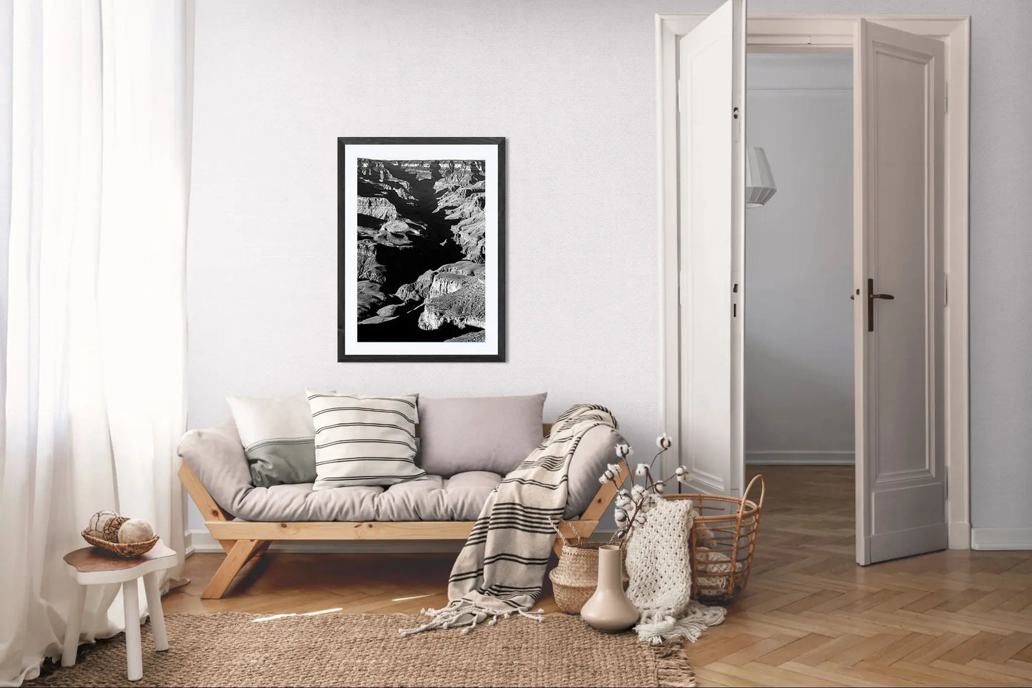 Vein of Shadow – Black and White Grand Canyon Vertical Print | High Contrast Canyon Light