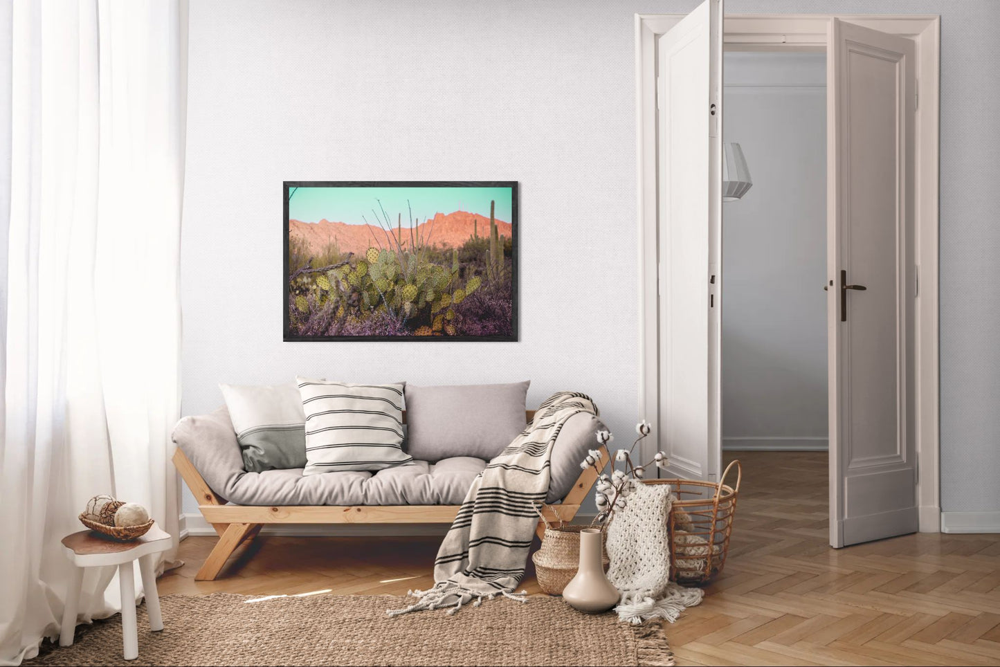 Desert Reverie – Tucson Mountains Sunset Print | Prickly Pear, Saguaros & Glowing Ridge