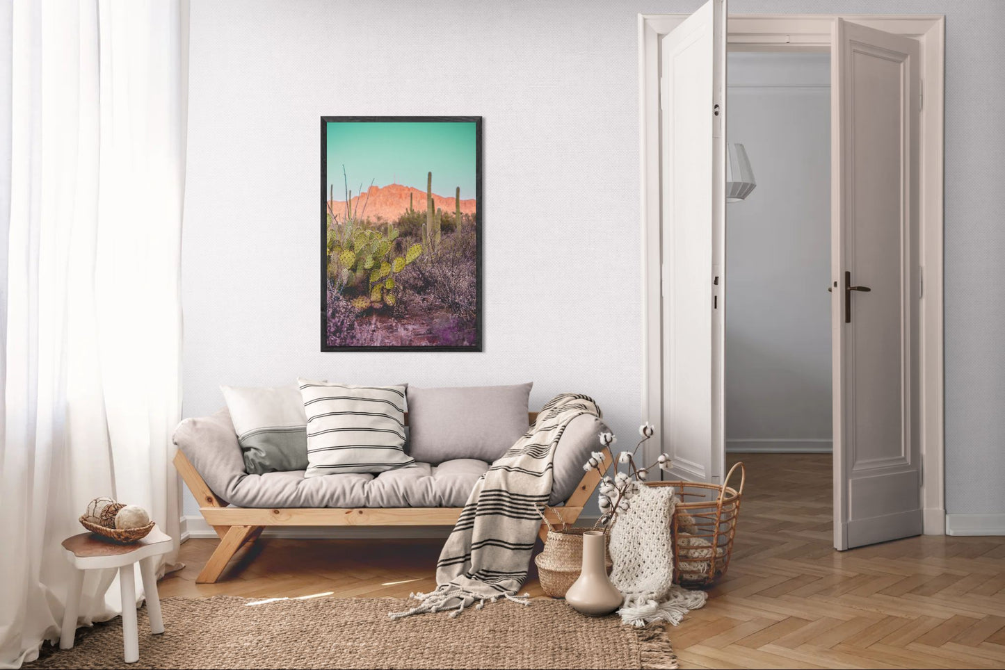 Desert Reverie – Tucson Mountains Sunset Print | Prickly Pear, Saguaros & Glowing Ridge