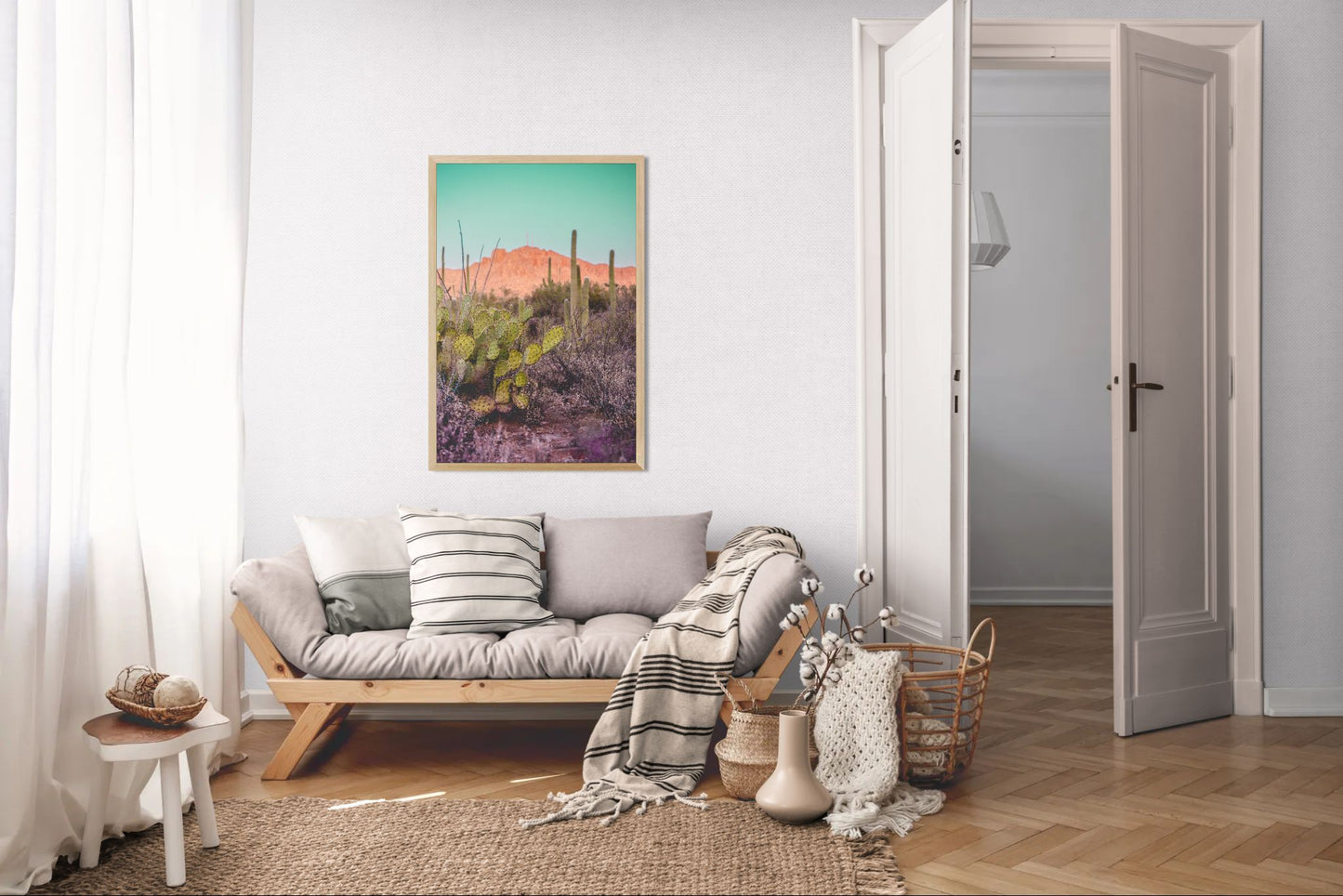 Desert Reverie – Tucson Mountains Sunset Print | Prickly Pear, Saguaros & Glowing Ridge