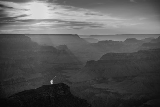Lightfall - Black and White Grand Canyon Landscape Print | Sunbeams, Canyon Layers & Colorado River
