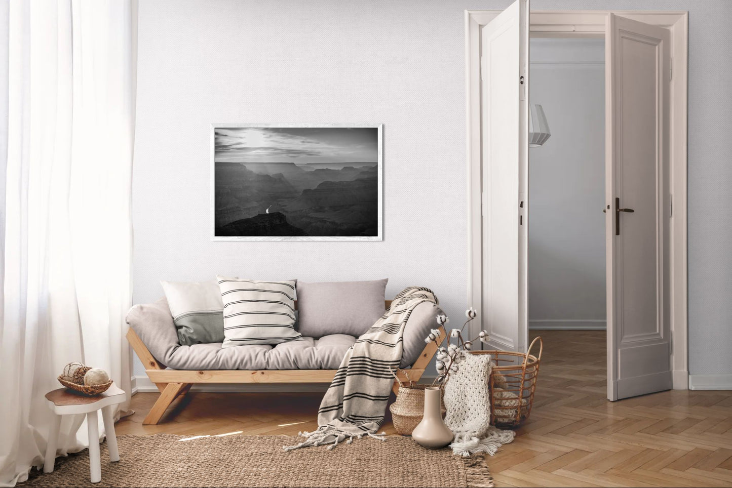 Lightfall - Black and White Grand Canyon Landscape Print | Sunbeams, Canyon Layers & Colorado River