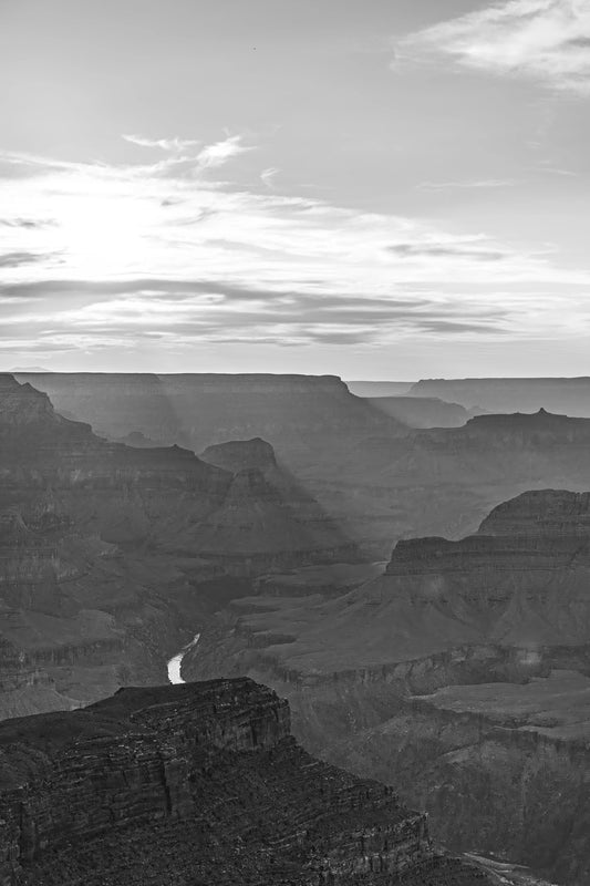 Riverlight - Black and White Grand Canyon Vertical Print | Sunbeams, Canyon Detail & Reflective River